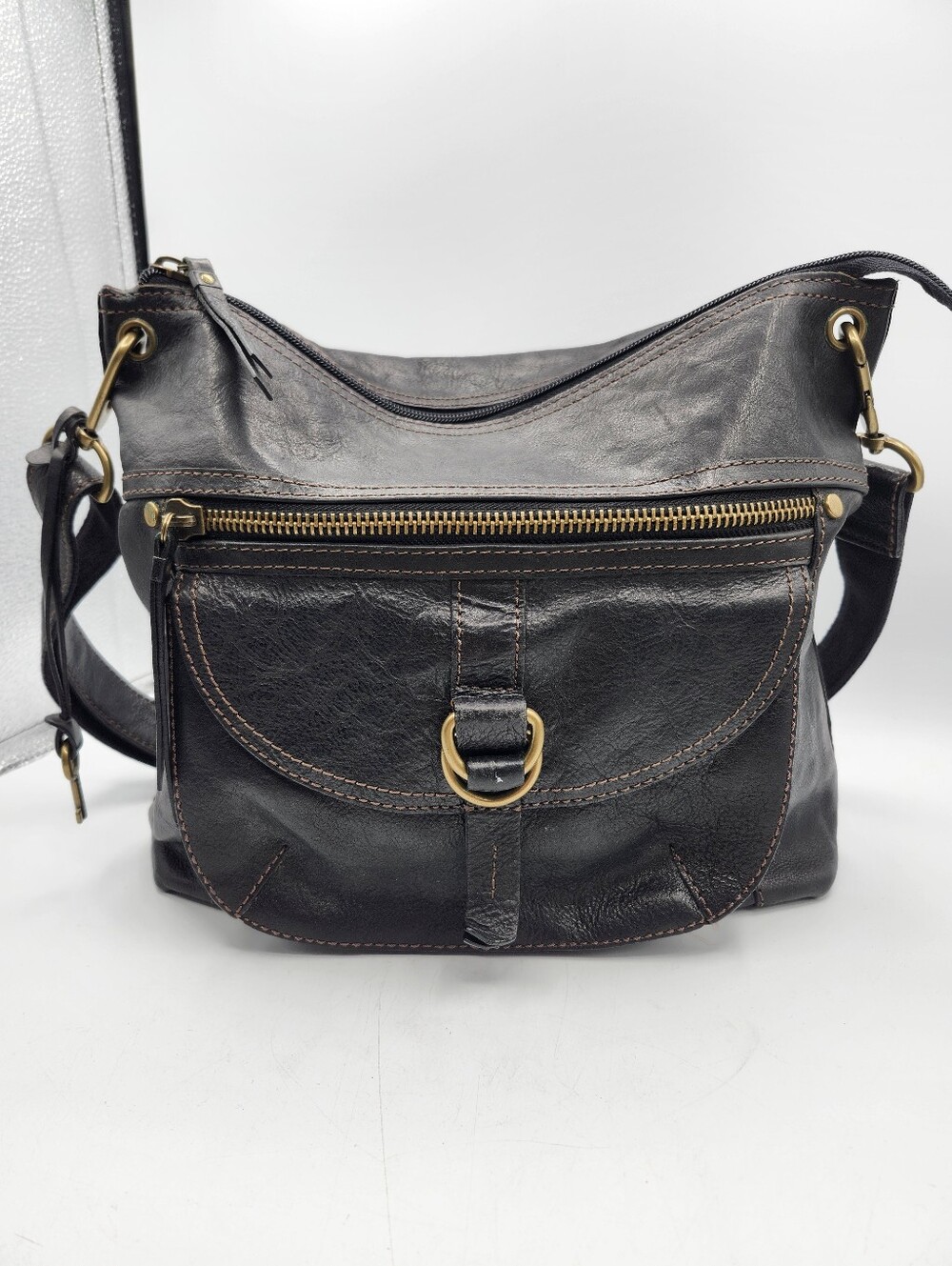 Fossil Black Leather Vintage Crossbody with Brass Ring Detail